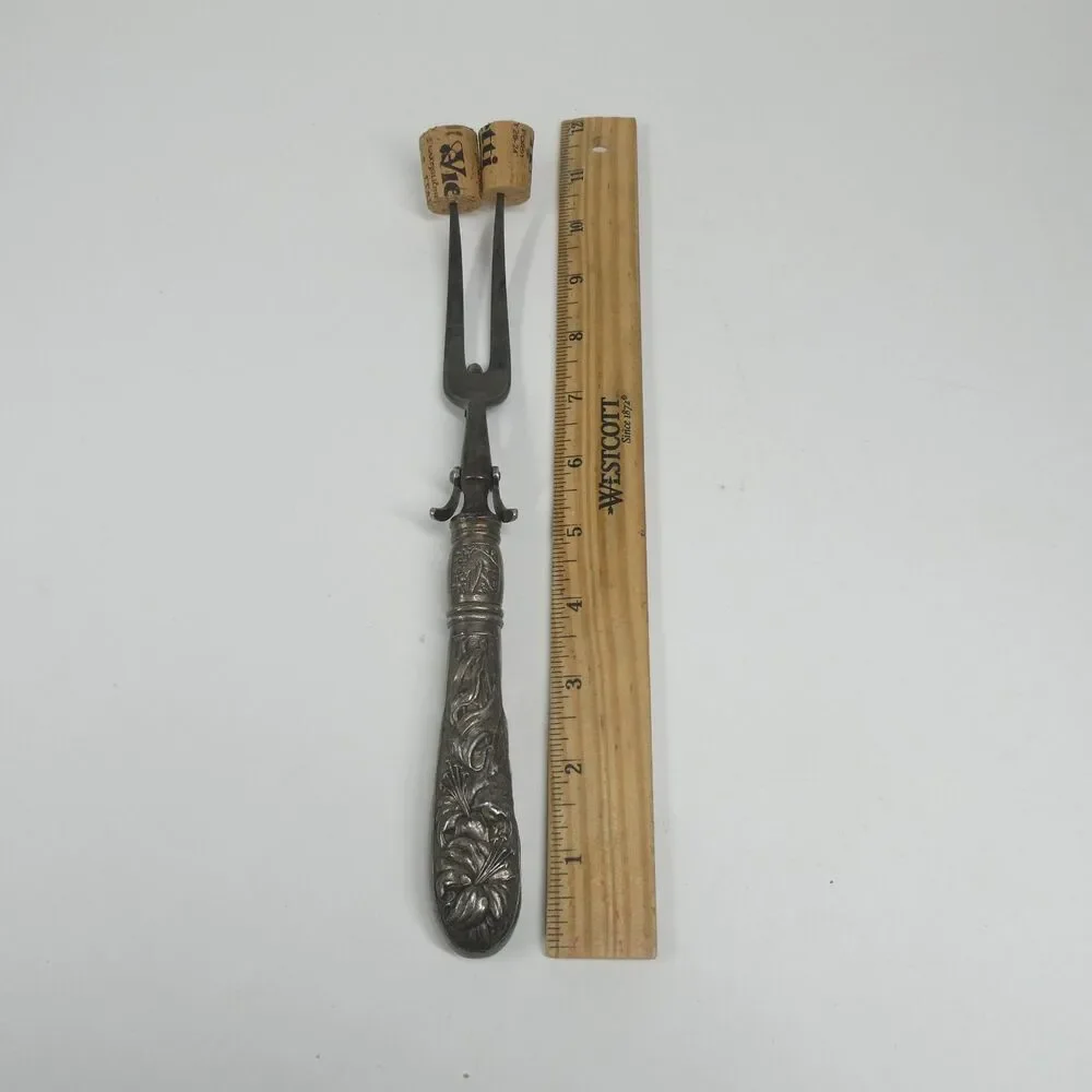 Meat Roast Carving Fork Repousse Floral Handle Vintage Silverplate